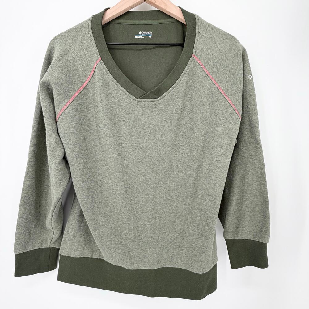 Columbia Olive Green V-Neck Pullover Sweatshirt Medium Pink Trim Outdoor - Picture 7 of 7